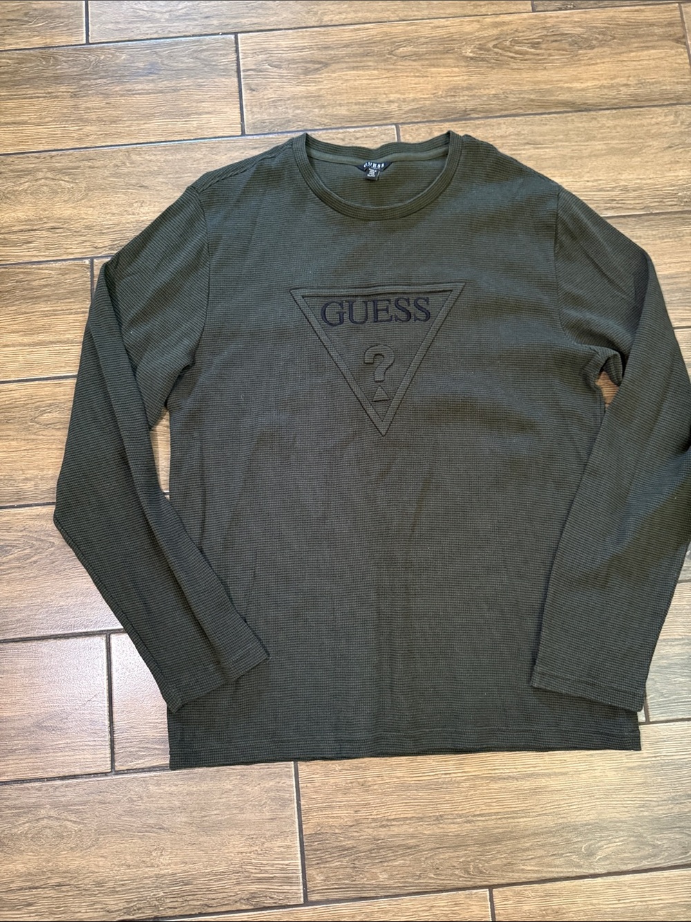 GUESS Olive Green Long Sleeve Waffle Knit Crewneck Shirt XL
